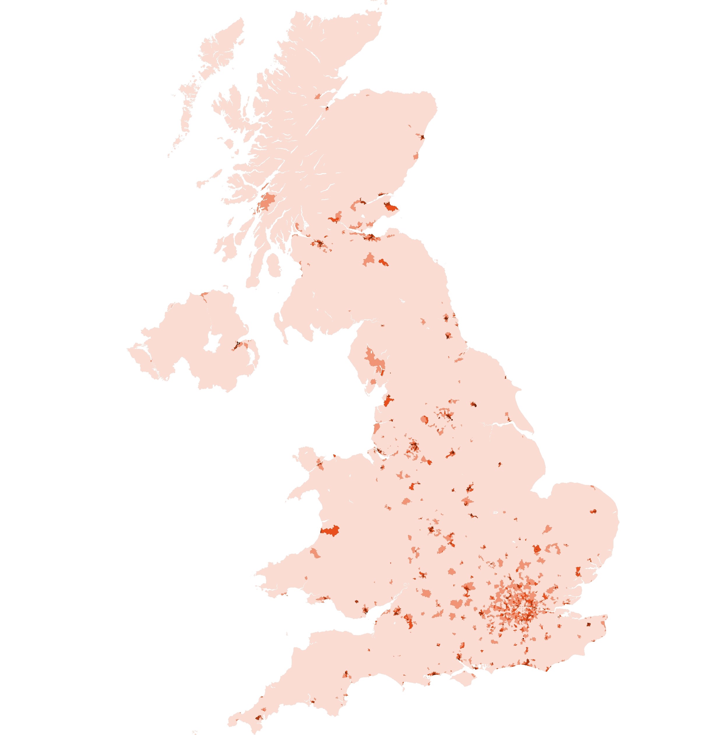 This heatmap shows patches of the segment scattered all over the UK but focused around the South East, and especially London, with high concentrations in other cities like Manchester and Edinburgh