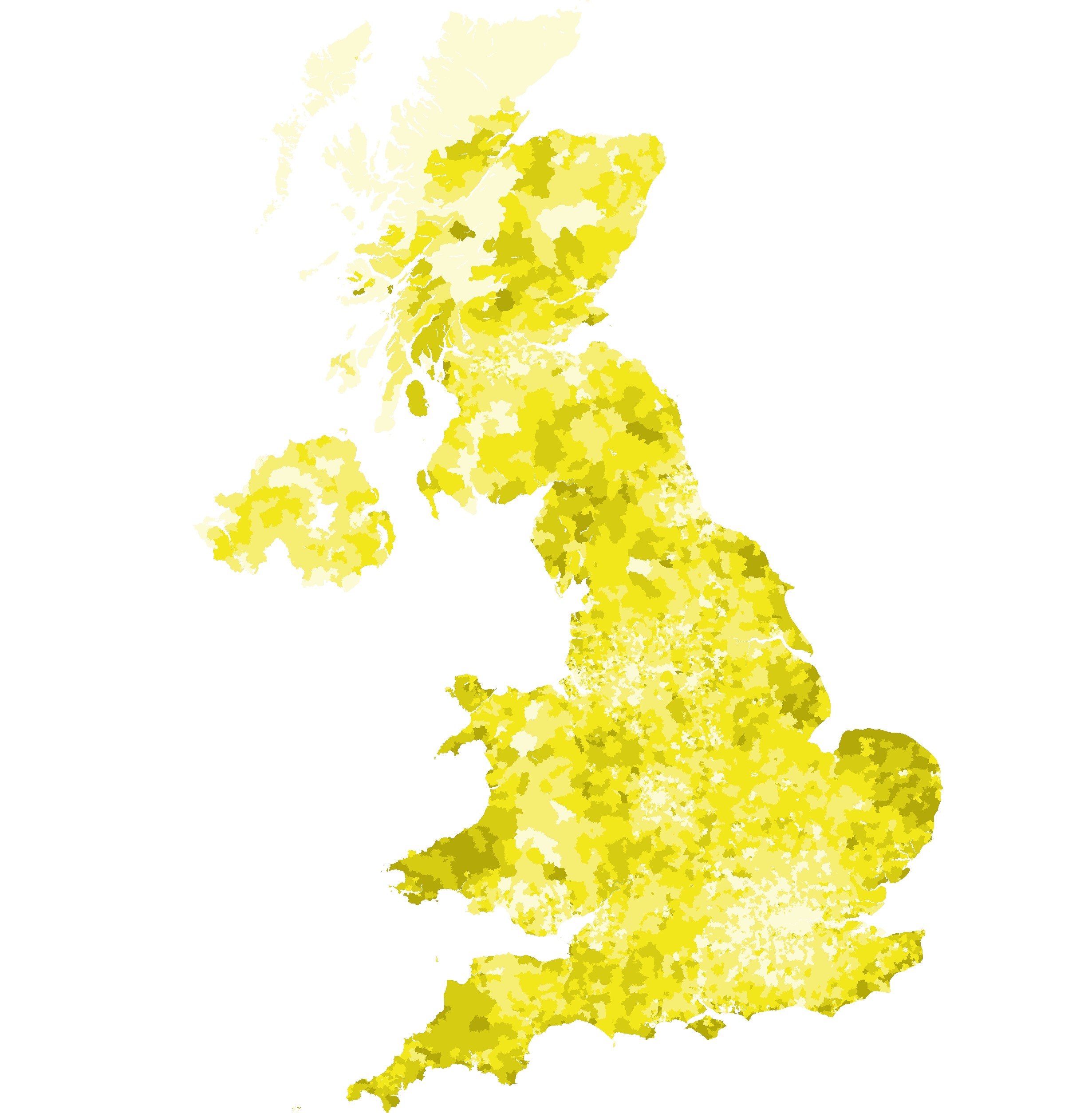 A heatmap of this segment around the UK, showing a quite uniform colour and distribution across the UK rural and suburban areas, with the darkest colours in the East of England and parts of Wales and the Lakes.